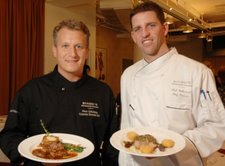 Corporate Executive Chef Peter Schonman of Biaggi’s (left) and his chef, Matt Bettschart, display the winning dishes from the Veal Iron Chef Battle for Manhattan cookoff.