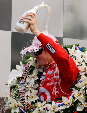 Scott Dixon celebrates his win in Victory Circle for the 92nd Indy 500