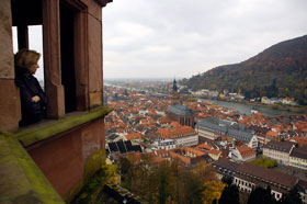 John Deere News Services Manager Mary Doss looks out over Heidelberg and River Neckar from the Schloss Castle